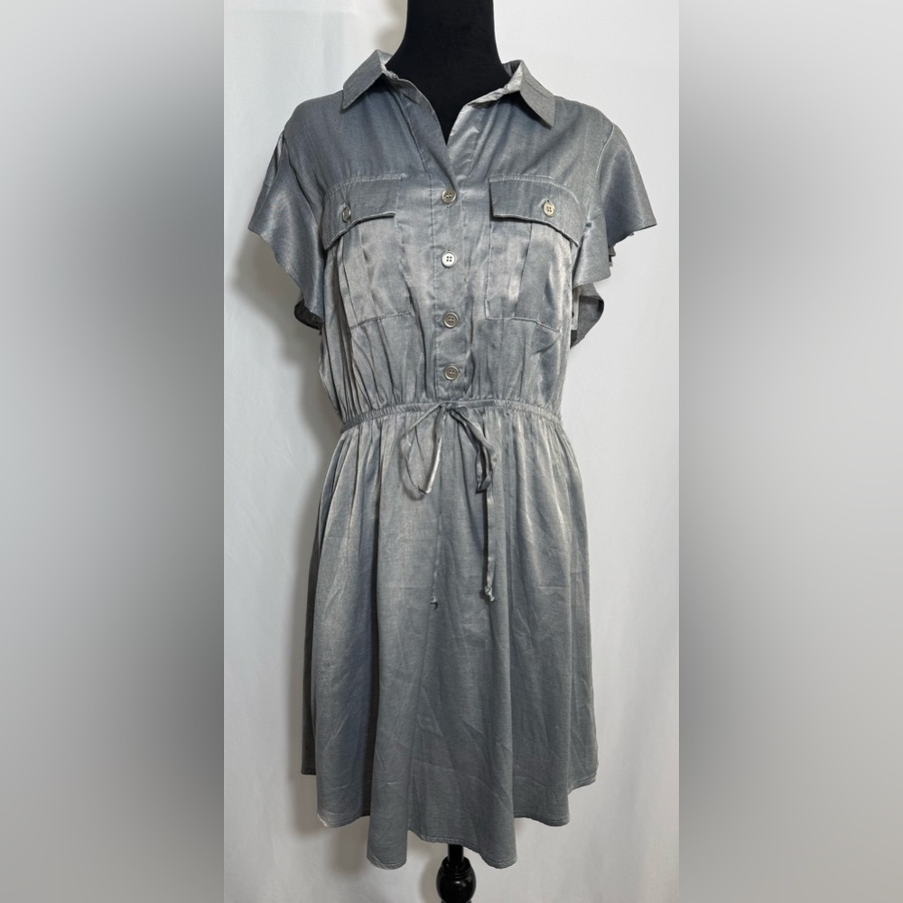 Pie In The Sky, Flutter Short Sleeve Button-Down Metallic Dress, Size XL NWOT
